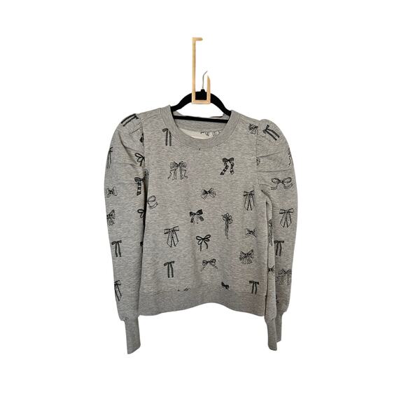 Anthropologie Maeve Gray Navy Embroidered Bow Puff Sleeve Sweatshirt NWT Small - Picture 3 of 9
